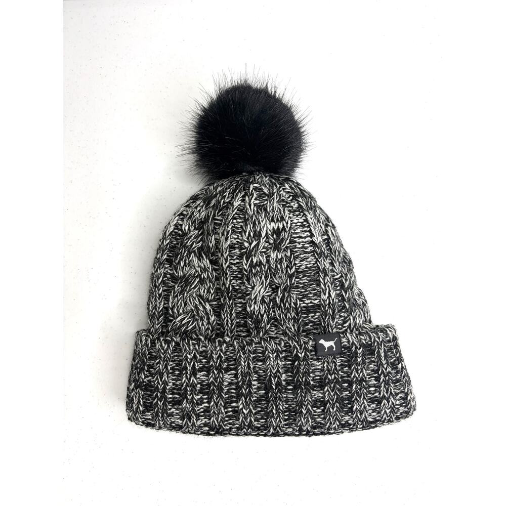 PINK Victoria's Secret Black White Cable Knit Beanie Pom Pom Sherpa Lining